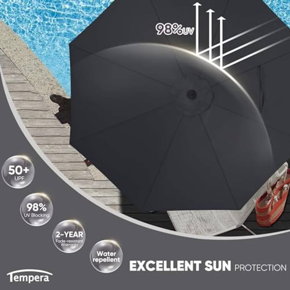 Space grey patio umbrella canopy with central vent and ribbed spokes
