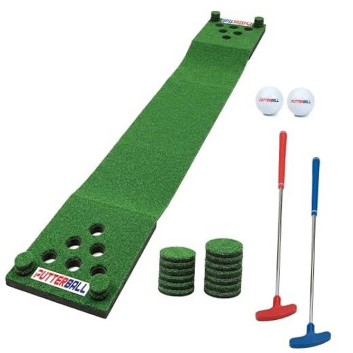 Green turf putting mat with six holes, two red/blue putters, and two white balls.