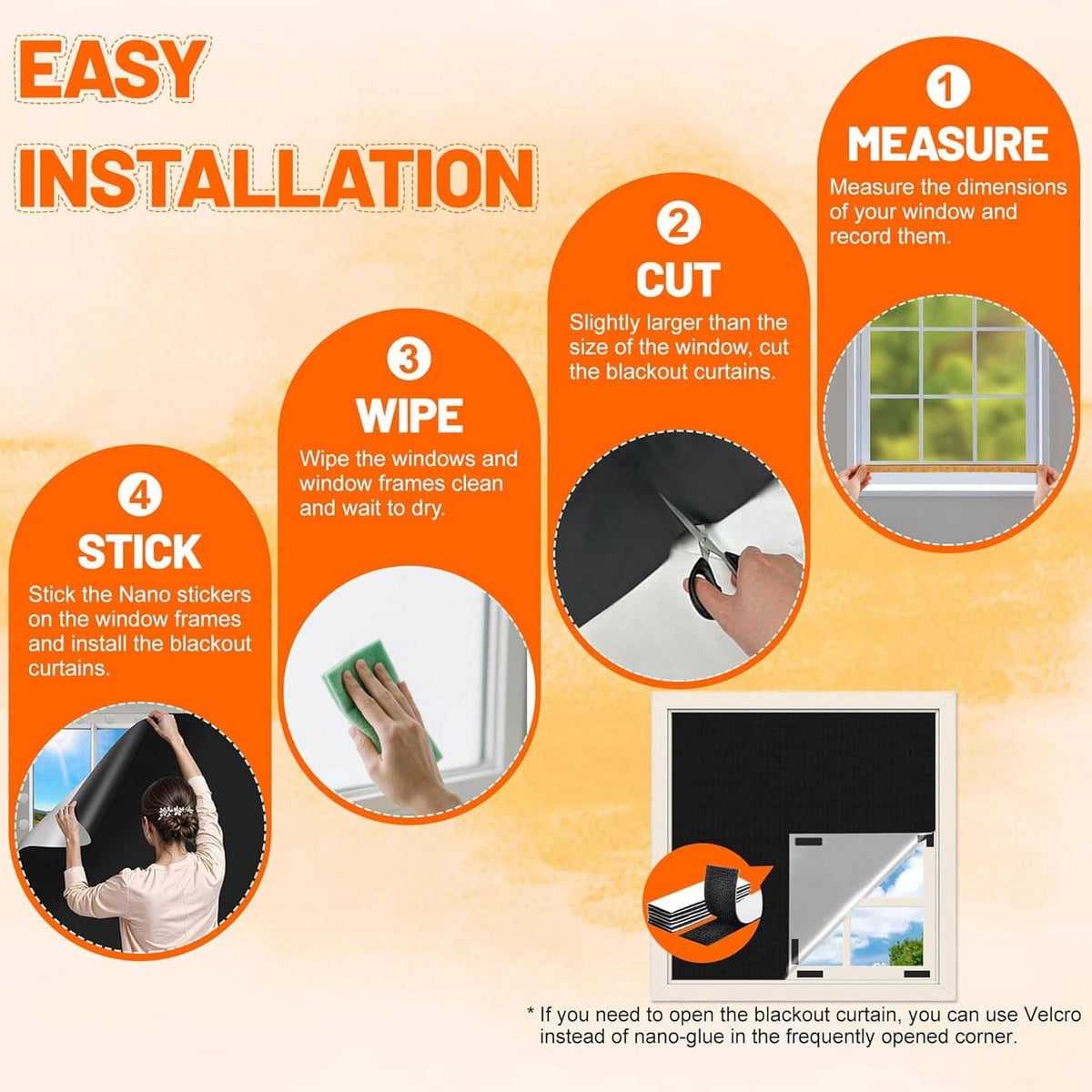 Black blackout window cover installation guide with measuring and cut steps