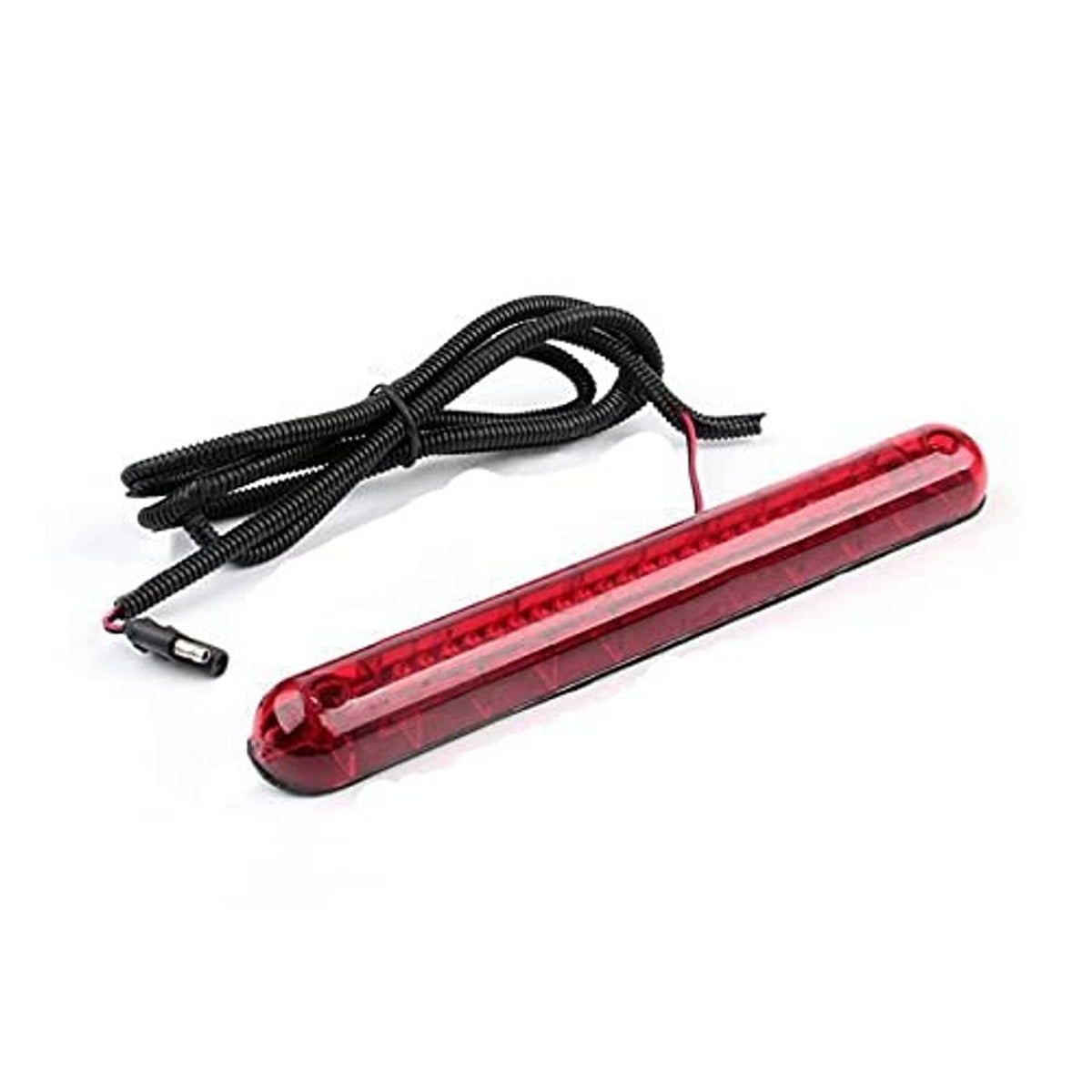 Red rectangular LED brake light bar with attached black wiring harness