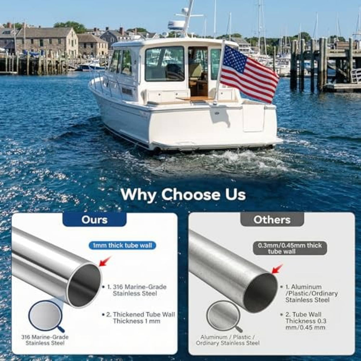 Marine stainless flagpole mounted on boat deck, holding an American flag