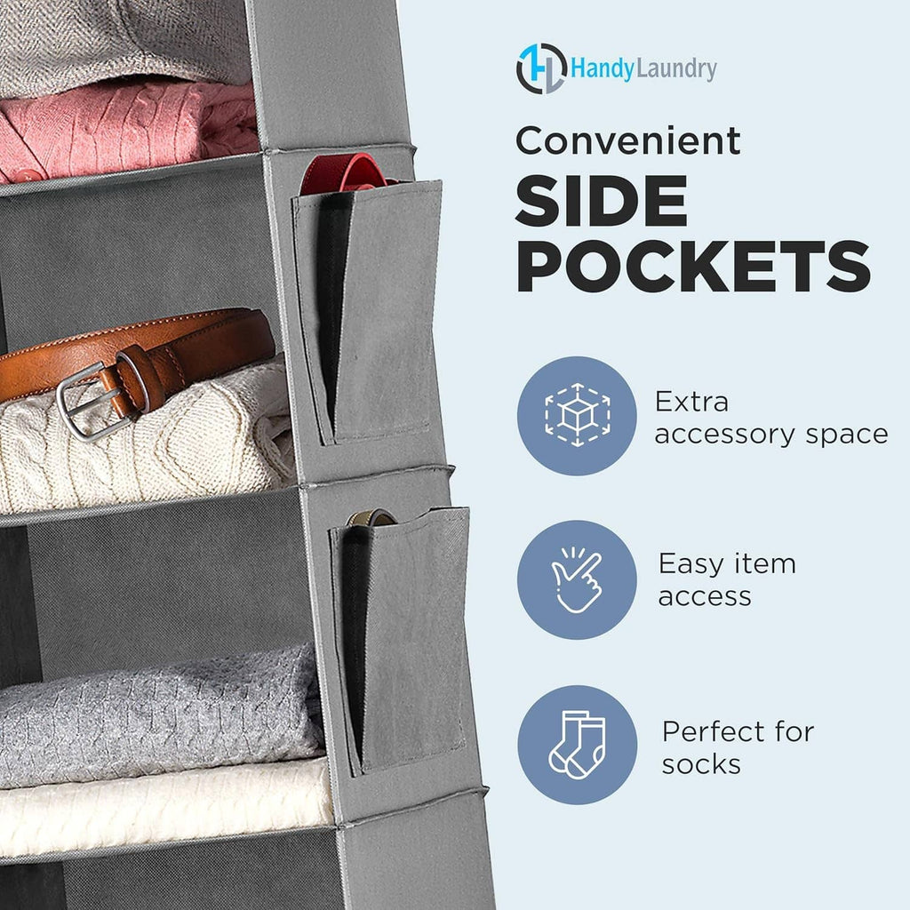 Gray hanging organizer with side pockets holding small accessories