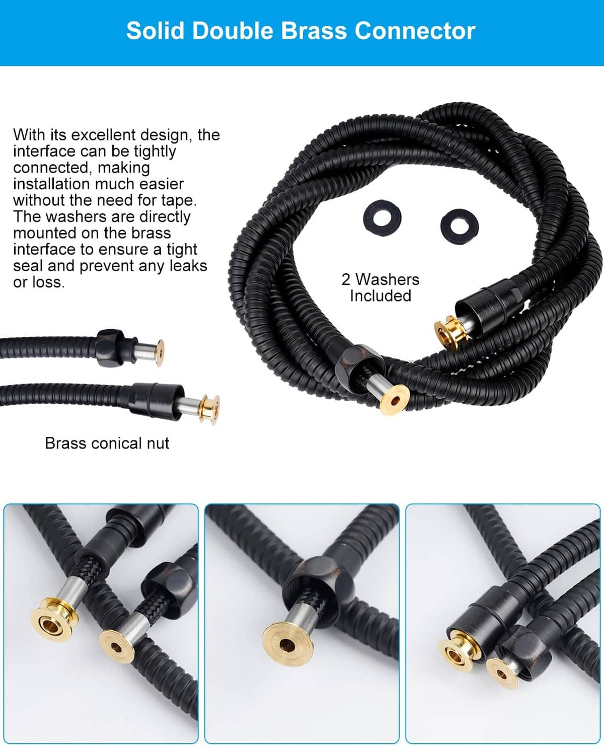Shower hose ends with solid double brass connectors and two washers included