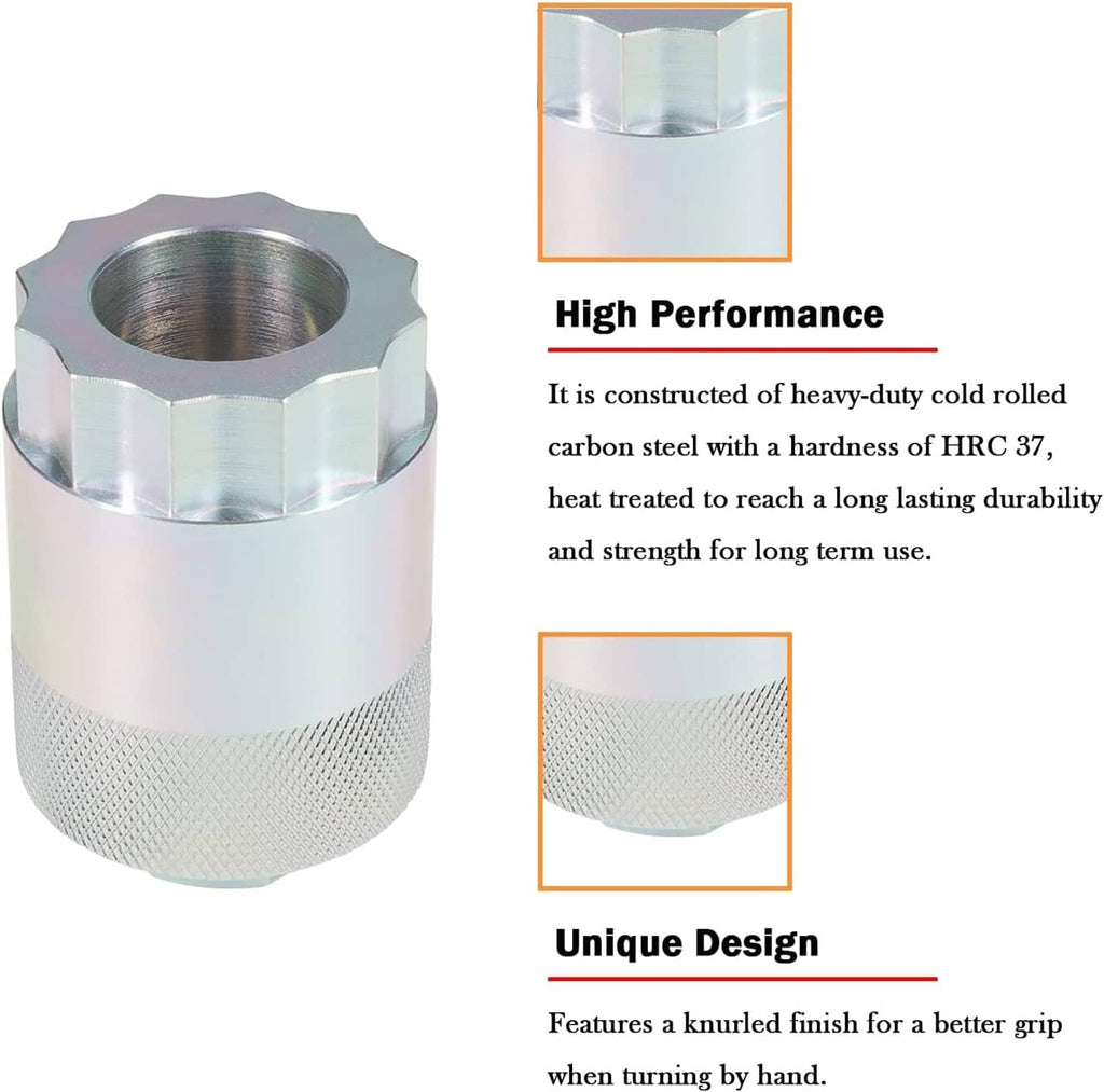 Heavy-duty 64mm rear differential pinion nut socket tool with knurled grip surface