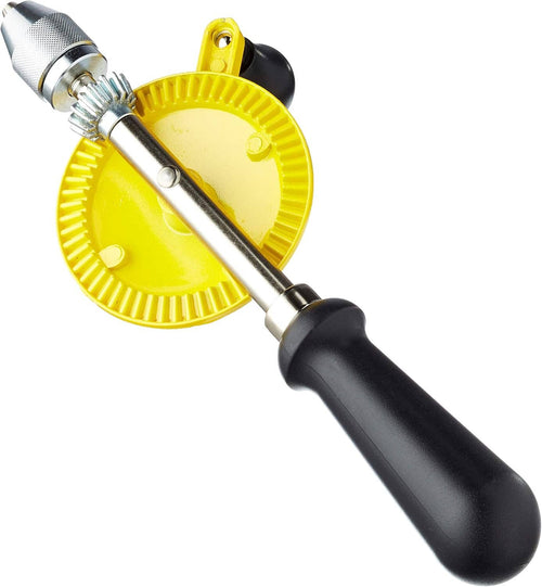 Stanley hand drill with yellow side wheel, black handle grips, and silver threaded chuck