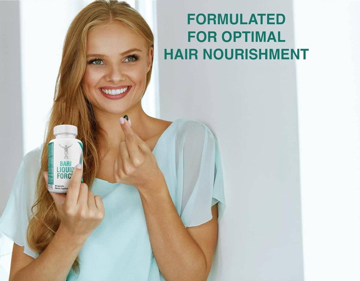 Bari Liquid Force multivitamin bottle held by smiling woman, white cap and green label