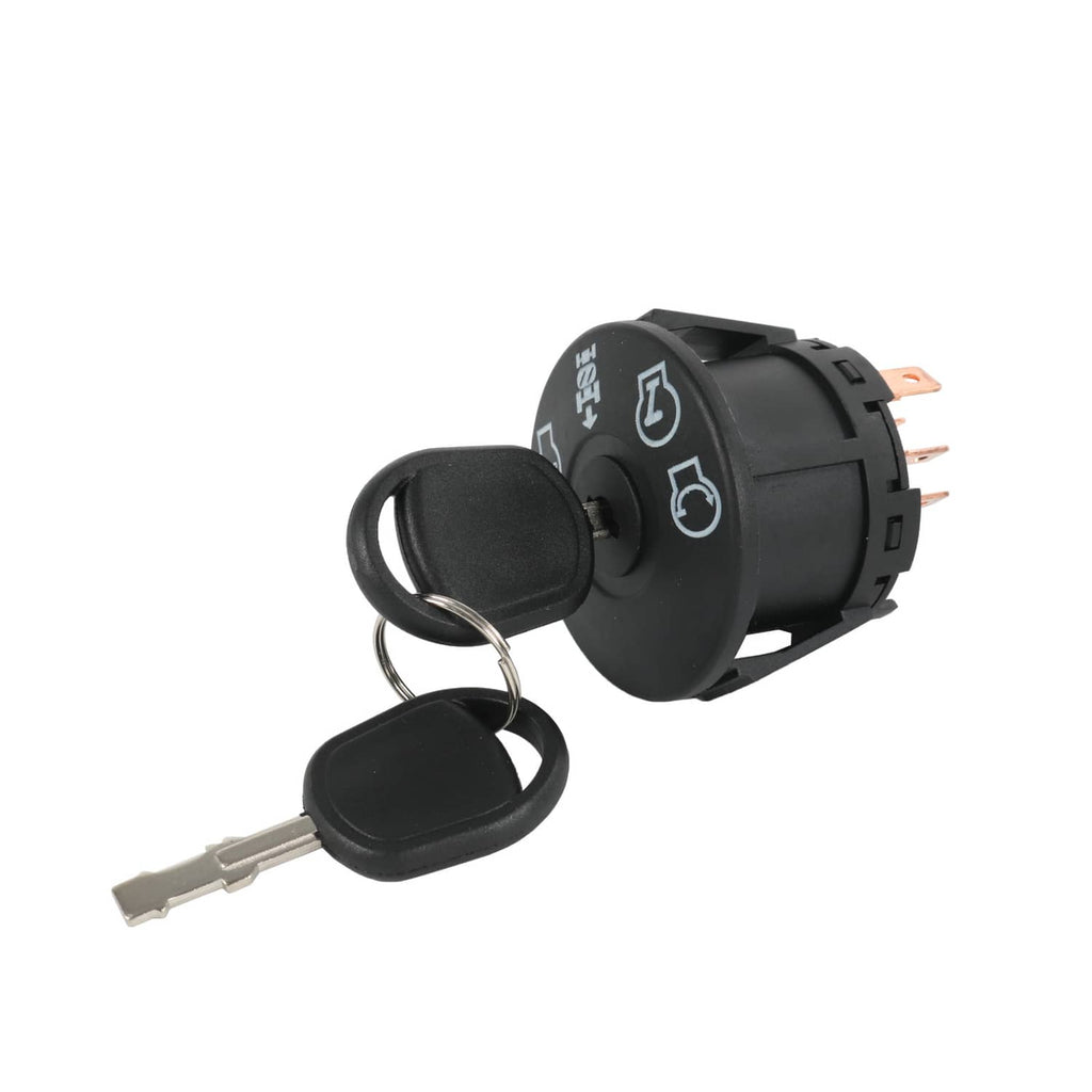 Black ignition switch starter with two keys and exposed wiring terminals on side.