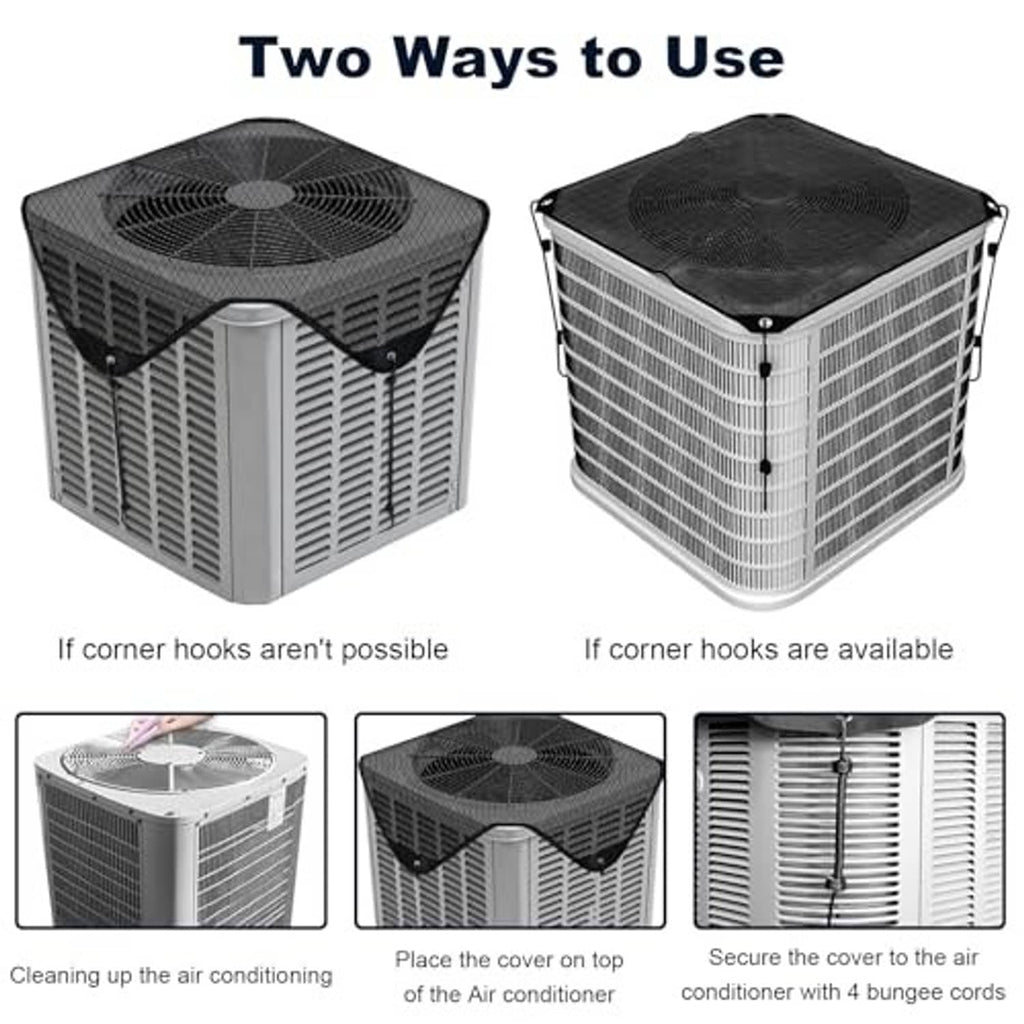 Outdoor AC cover with mesh top and side, corner hooks for two placement options