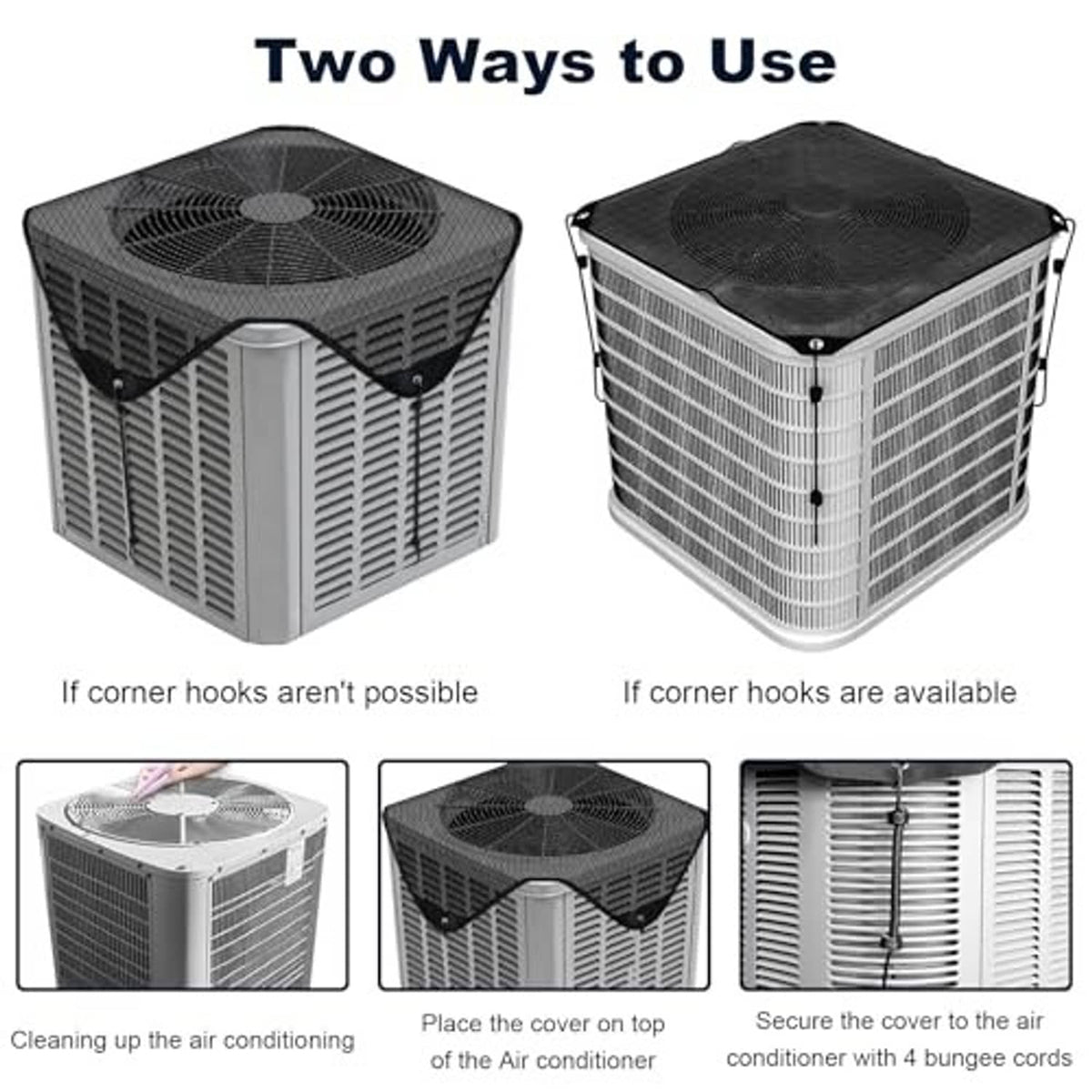 Outdoor AC cover with mesh top and side, corner hooks for two placement options