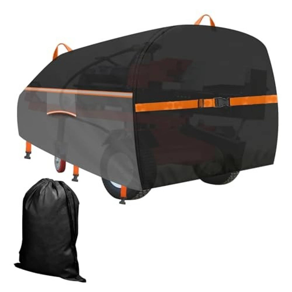 Log splitter cover with orange band and secured side panel, plus storage bag