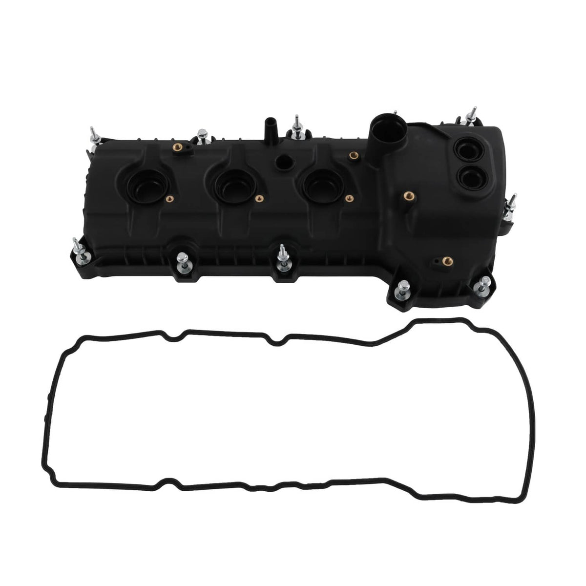 Engine valve cover set with two covers and separate gasket, black plastic