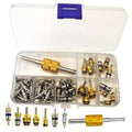 Organizer case with valve core removal tool and brass and silver cores