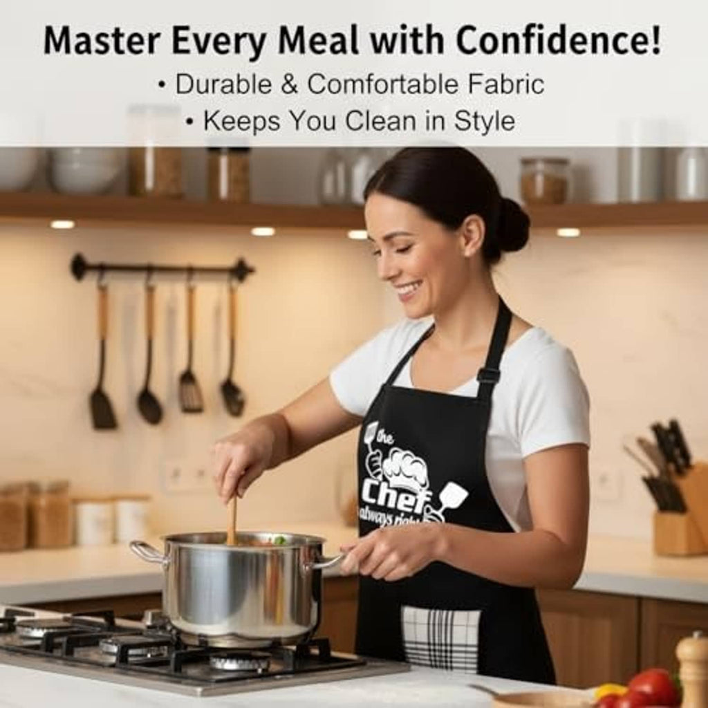 Black chef apron worn while cooking, with front pocket, plaid towel, and slogan print