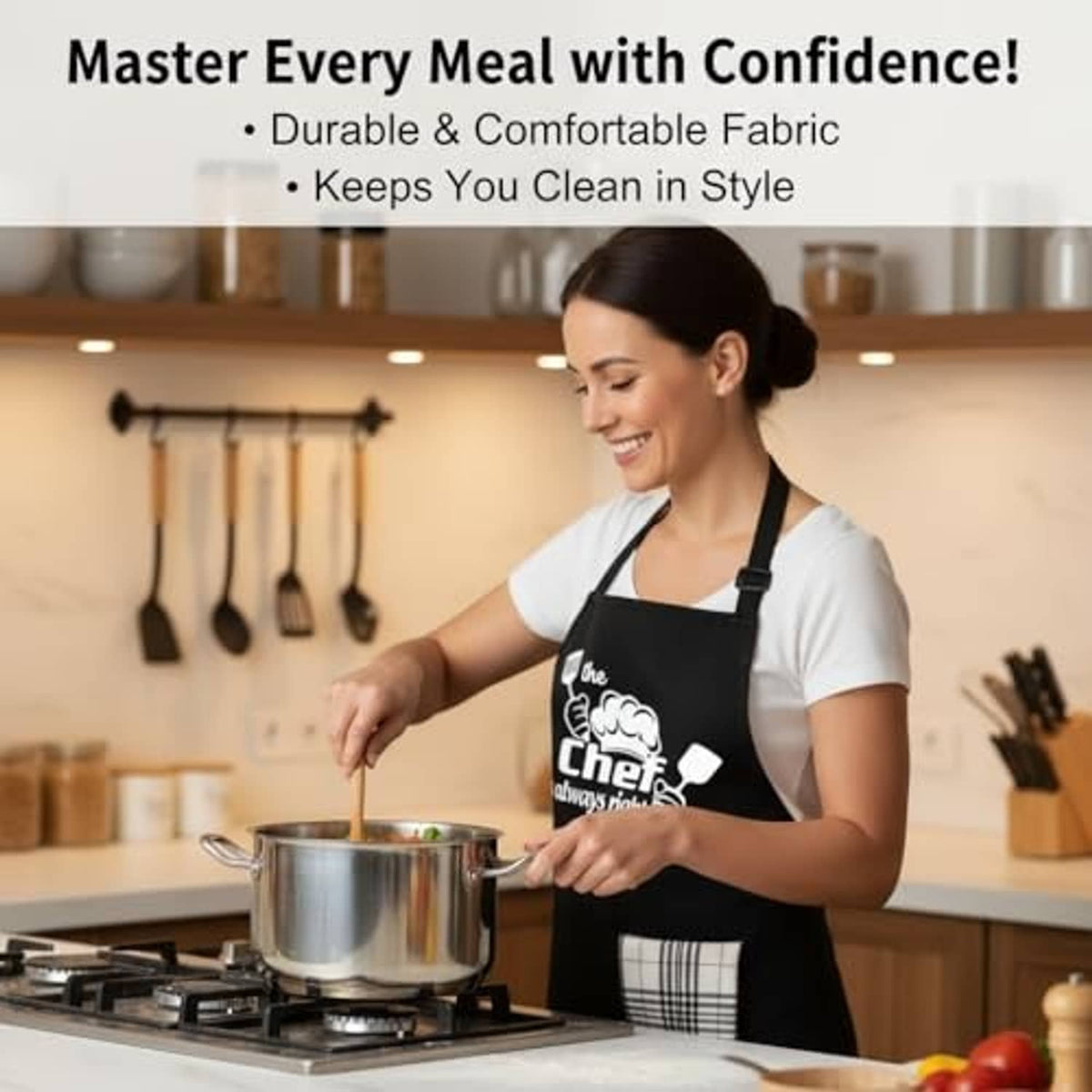 Black chef apron worn while cooking, with front pocket, plaid towel, and slogan print