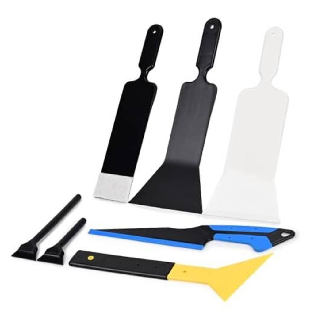 Vinyl wrap tool kit with long-handle squeegees and scrubber pads in assorted colors
