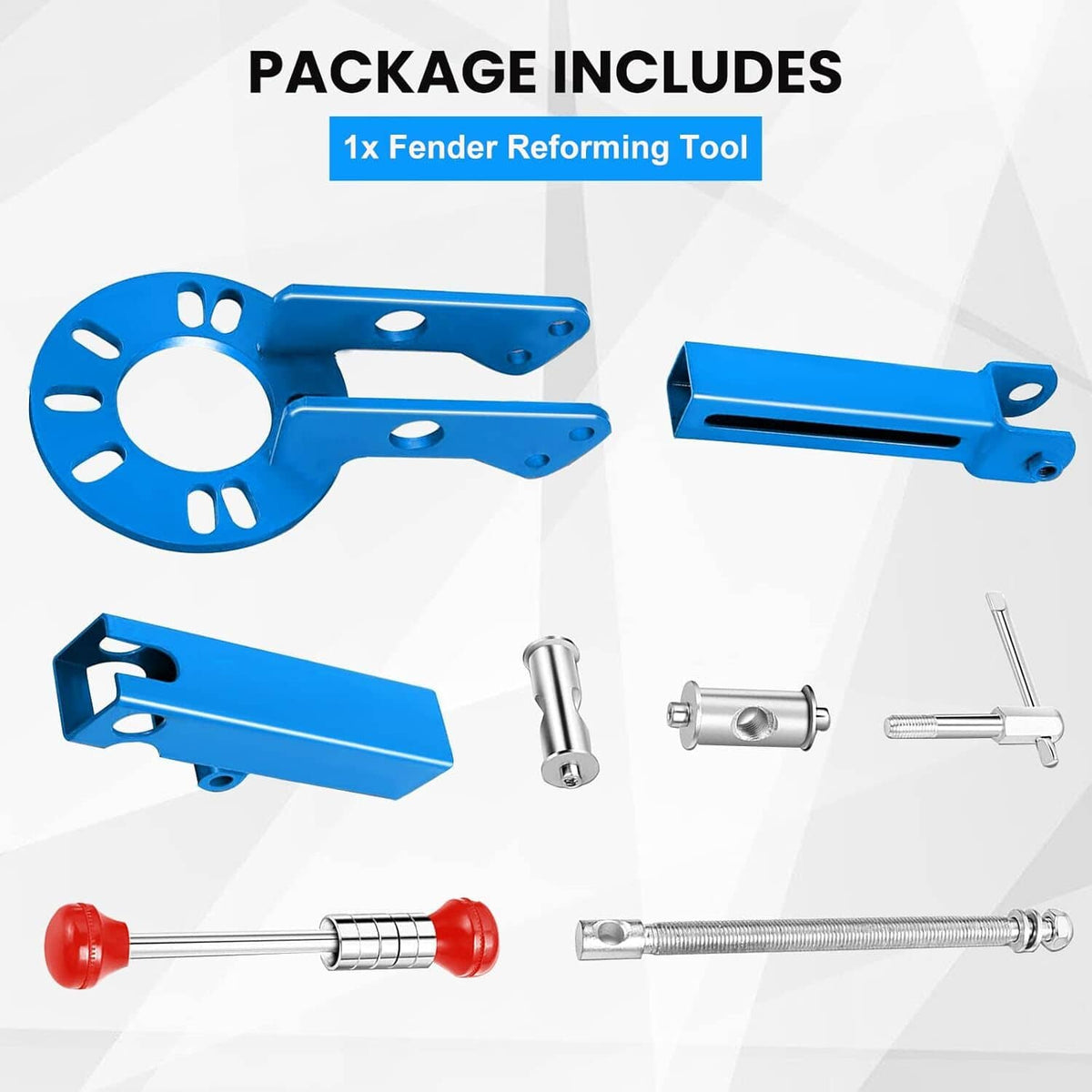 Set of blue fender roller reforming tool parts with red rollers and screws