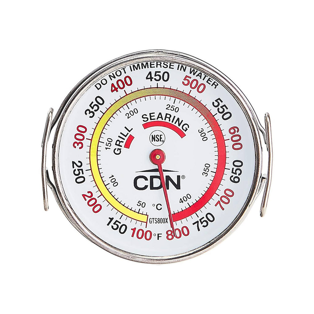 Grill surface thermometer dial with red pointer, stainless frame, and dual °C/°F scales