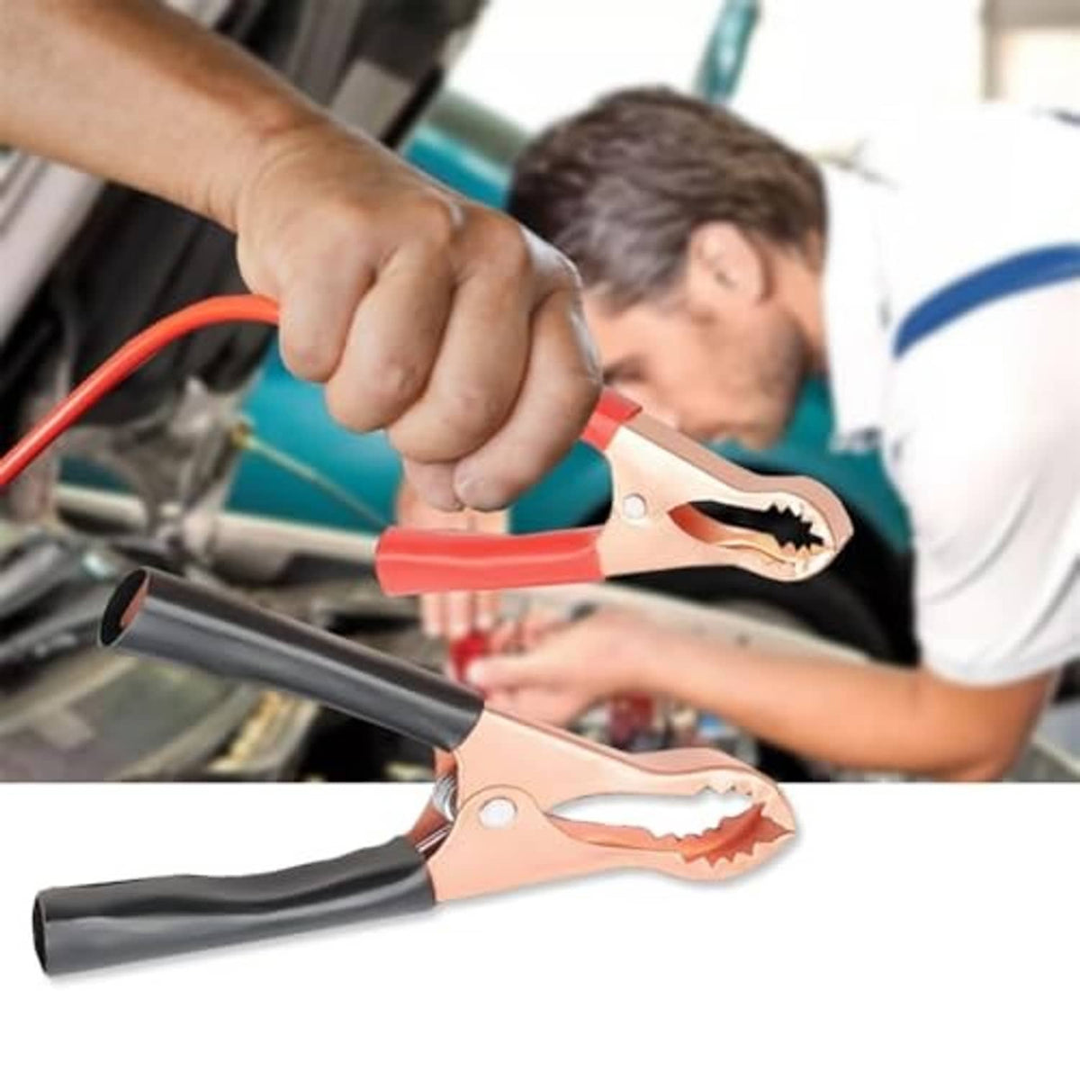 Insulated alligator clip on red/black wires, copper jaws; used for vehicle battery