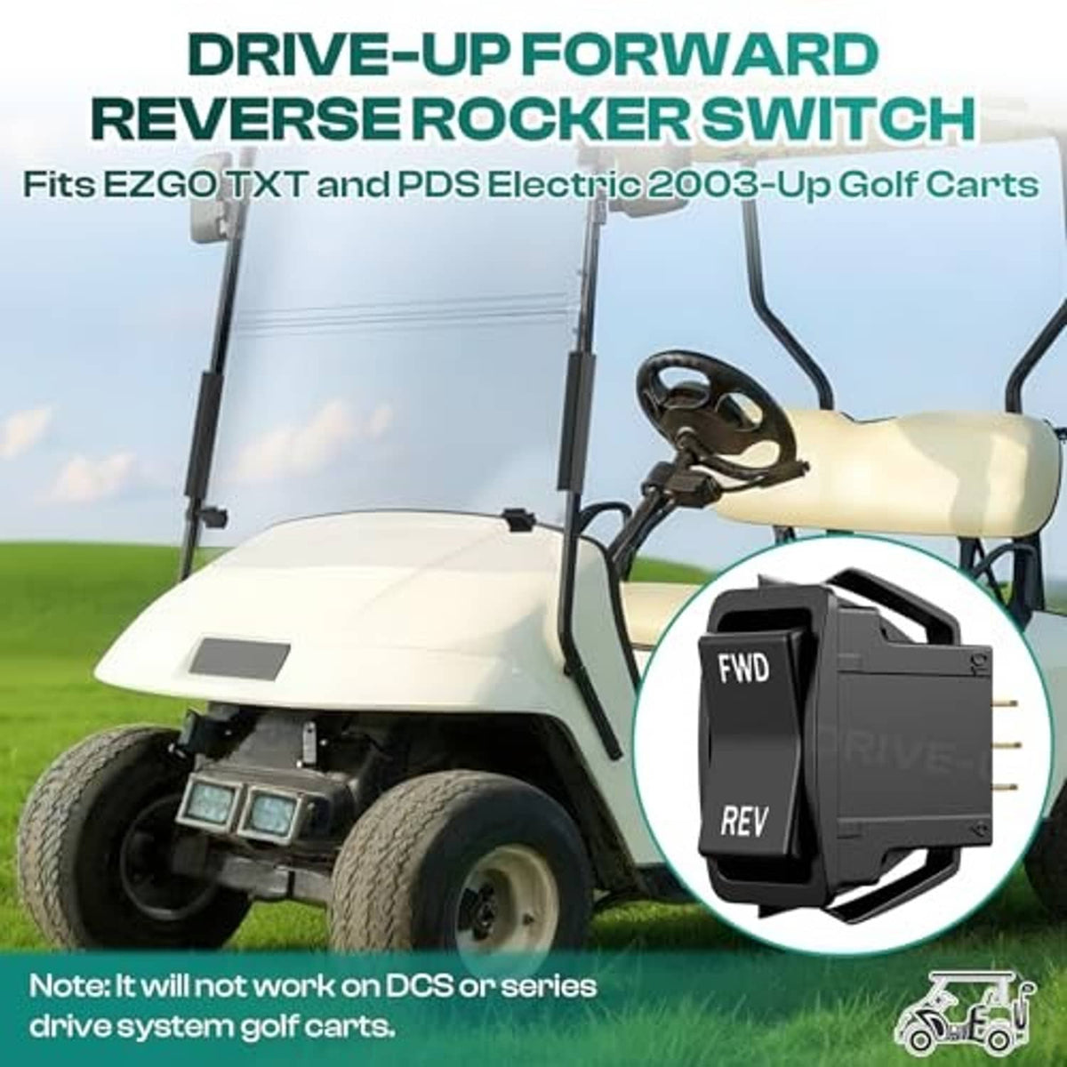 Mounted forward/reverse rocker switch on a golf cart dash, FWD and REV buttons