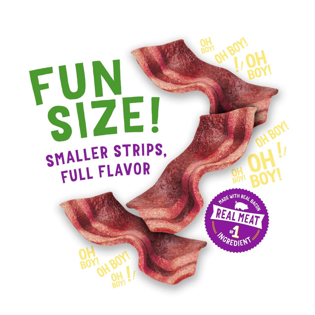 Bacon-flavored dog treat strips, red-brown cured strips with purple real meat badge