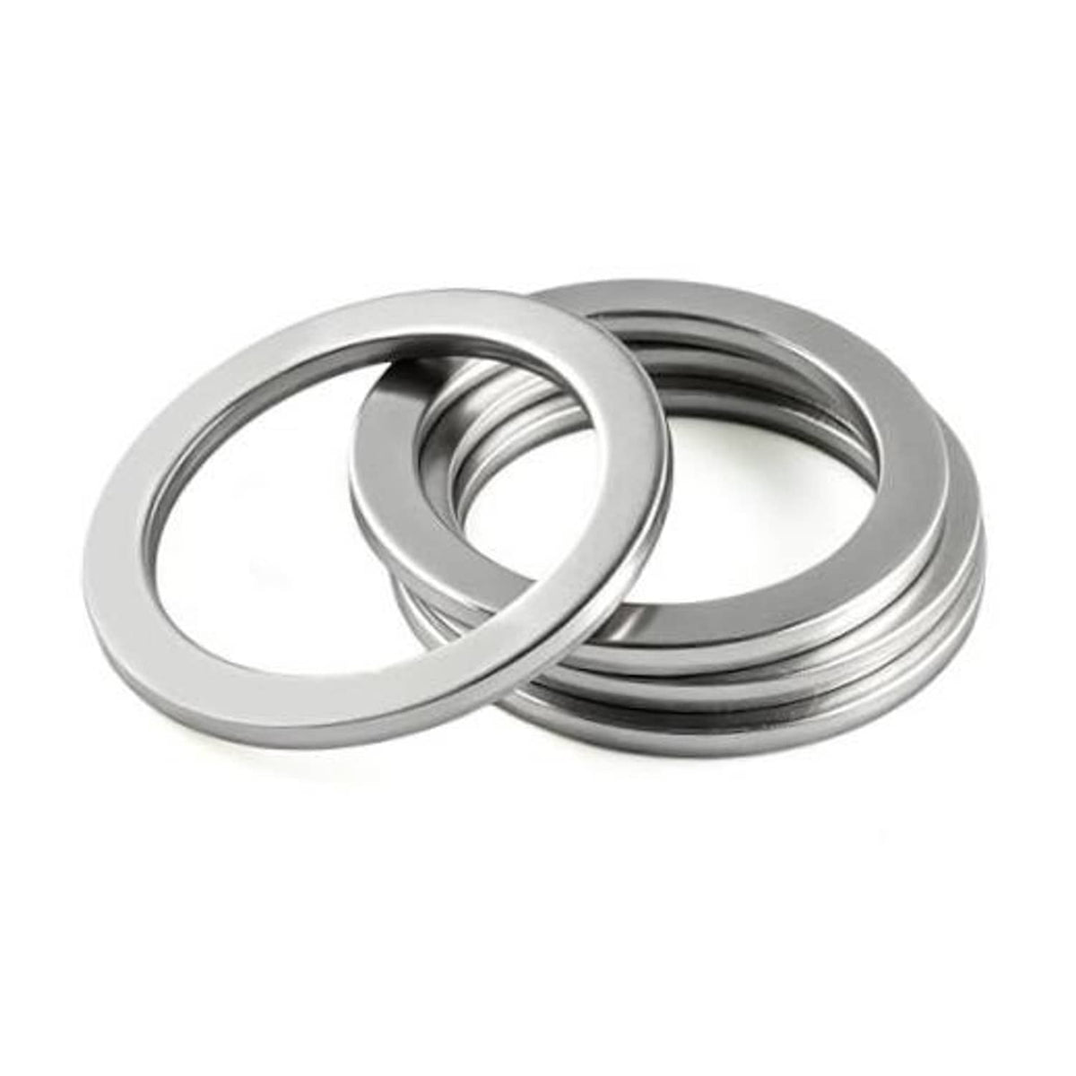 Metal drain plug crush washer gasket set, stacked rings with center hole, silver finish