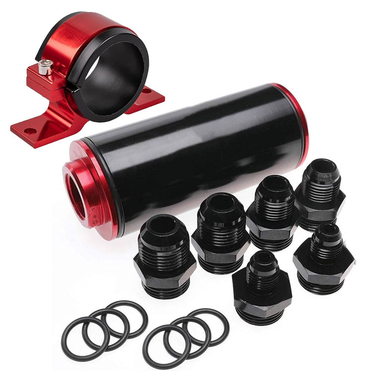Inline fuel filter with red bracket, black canister, and AN6/AN8/AN10 fittings
