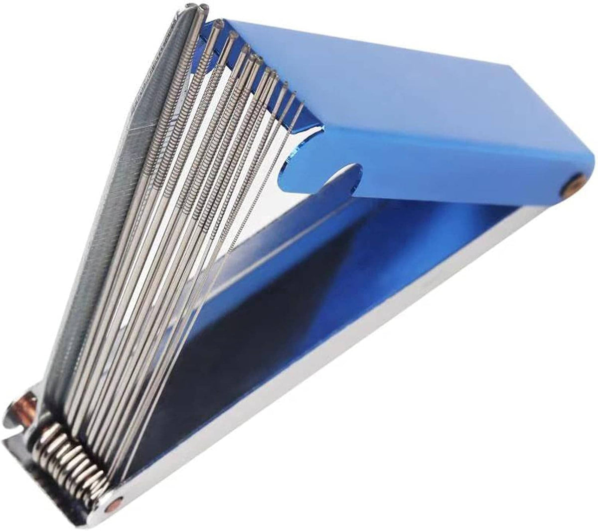 Welding tip cleaner needles in a blue case with protective slot openings