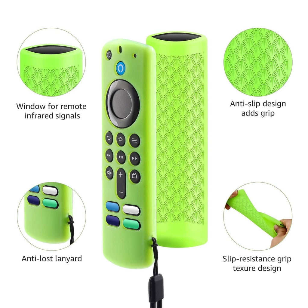 Neon green silicone remote cover with IR window, anti-slip grip texture, and lanyard