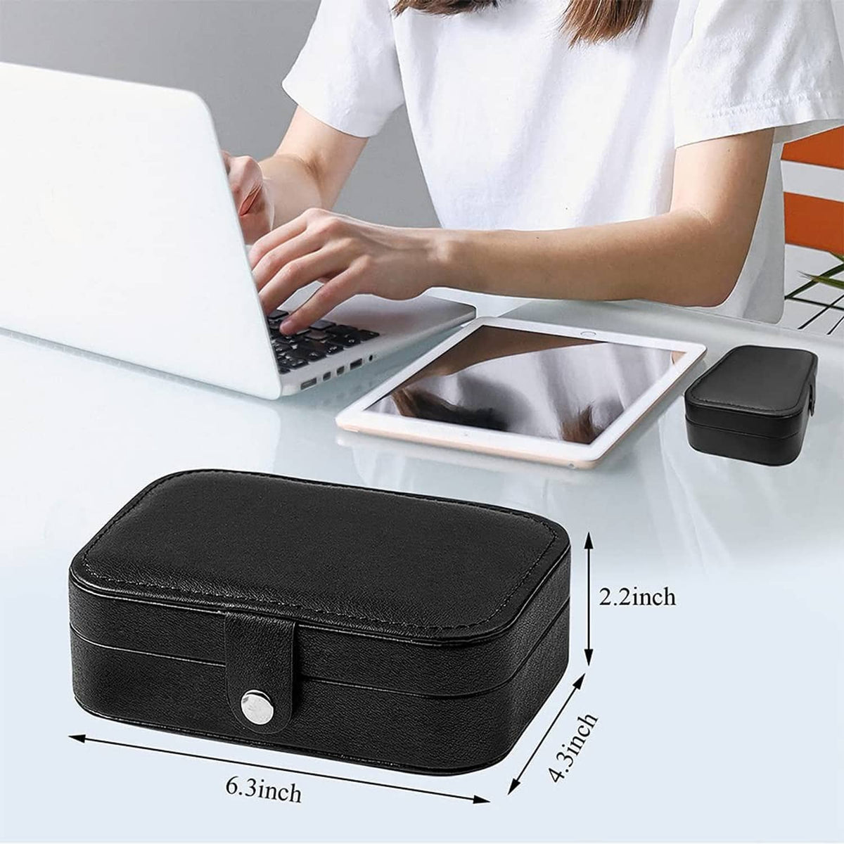 Black PU leather travel jewelry box compact size with snap button front