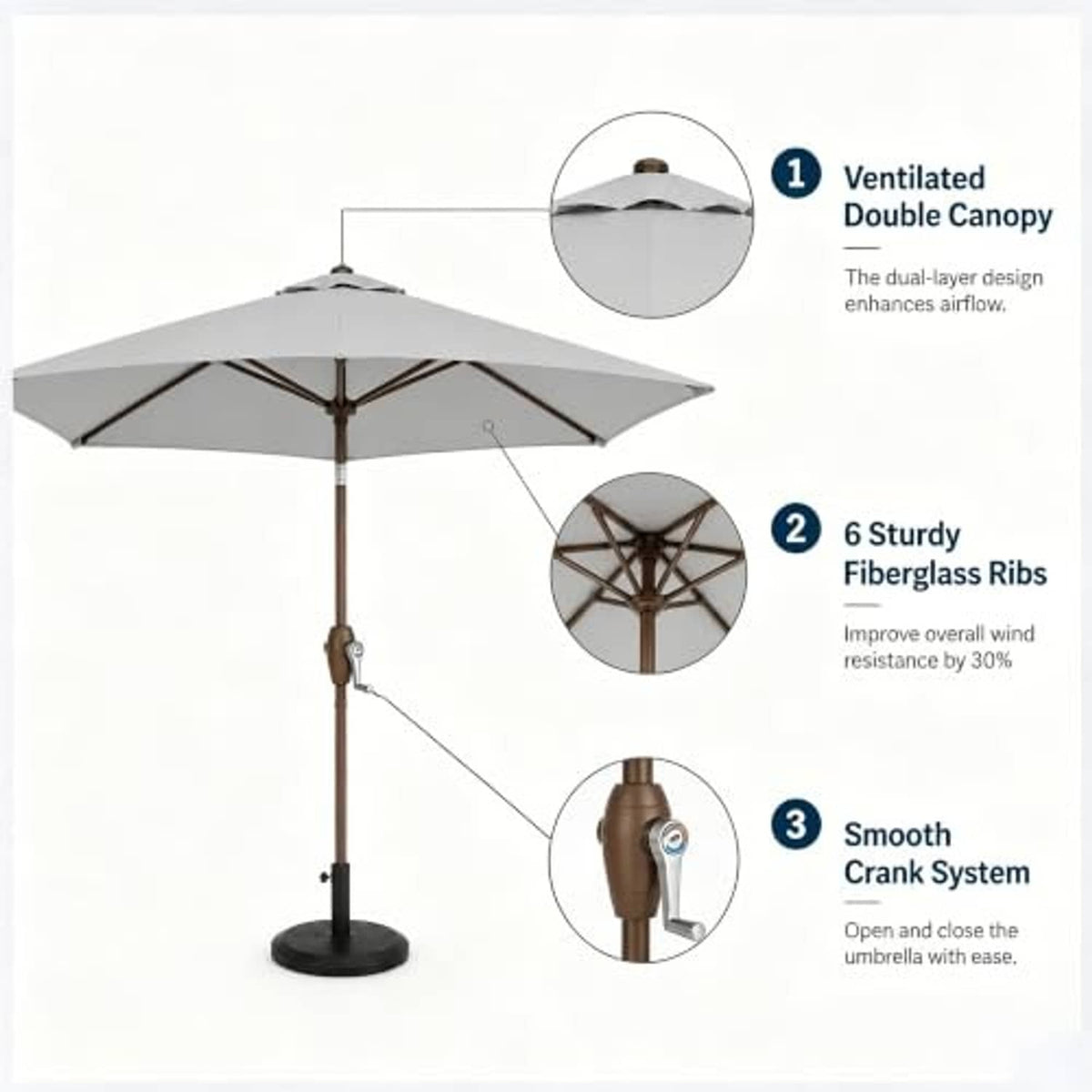 Light gray patio umbrella with wooden pole, cross ribs, and weighted base