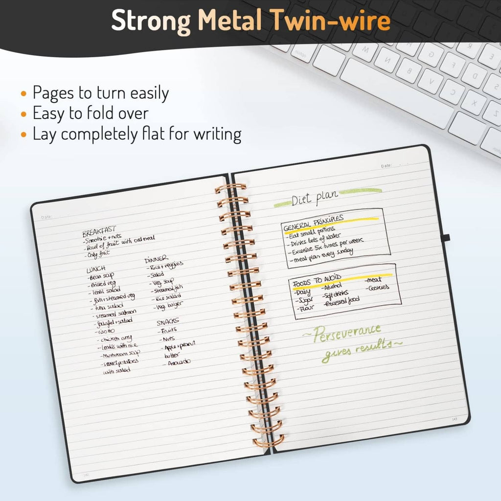 Open spiral journal with lined pages and twin-wire metal coil binding