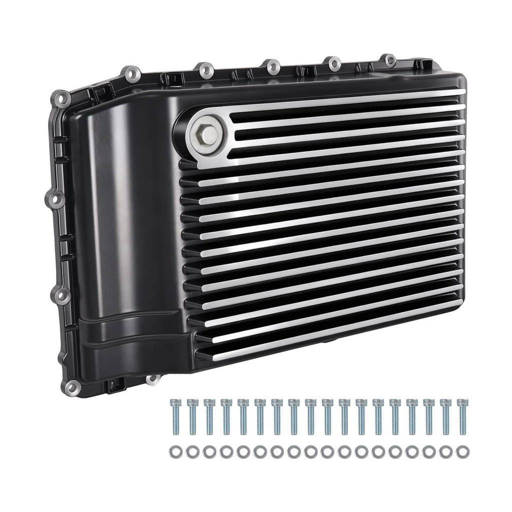 Black aluminum transmission pan with cooling fins and mounting bolts