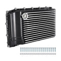 Black aluminum transmission pan with cooling fins and mounting bolts