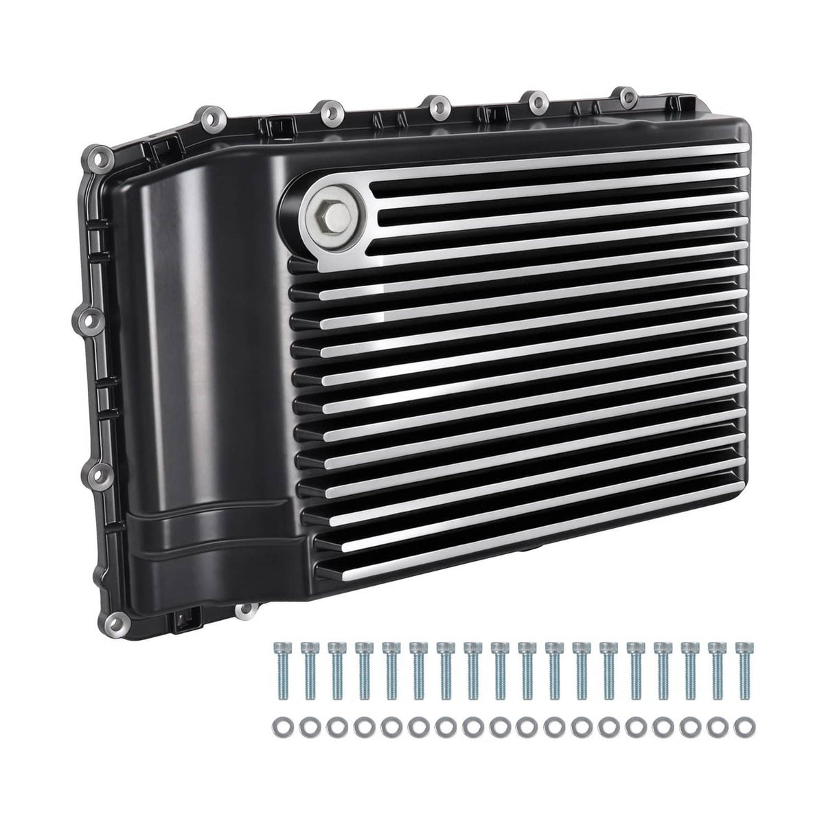 Black aluminum transmission pan with cooling fins and mounting bolts