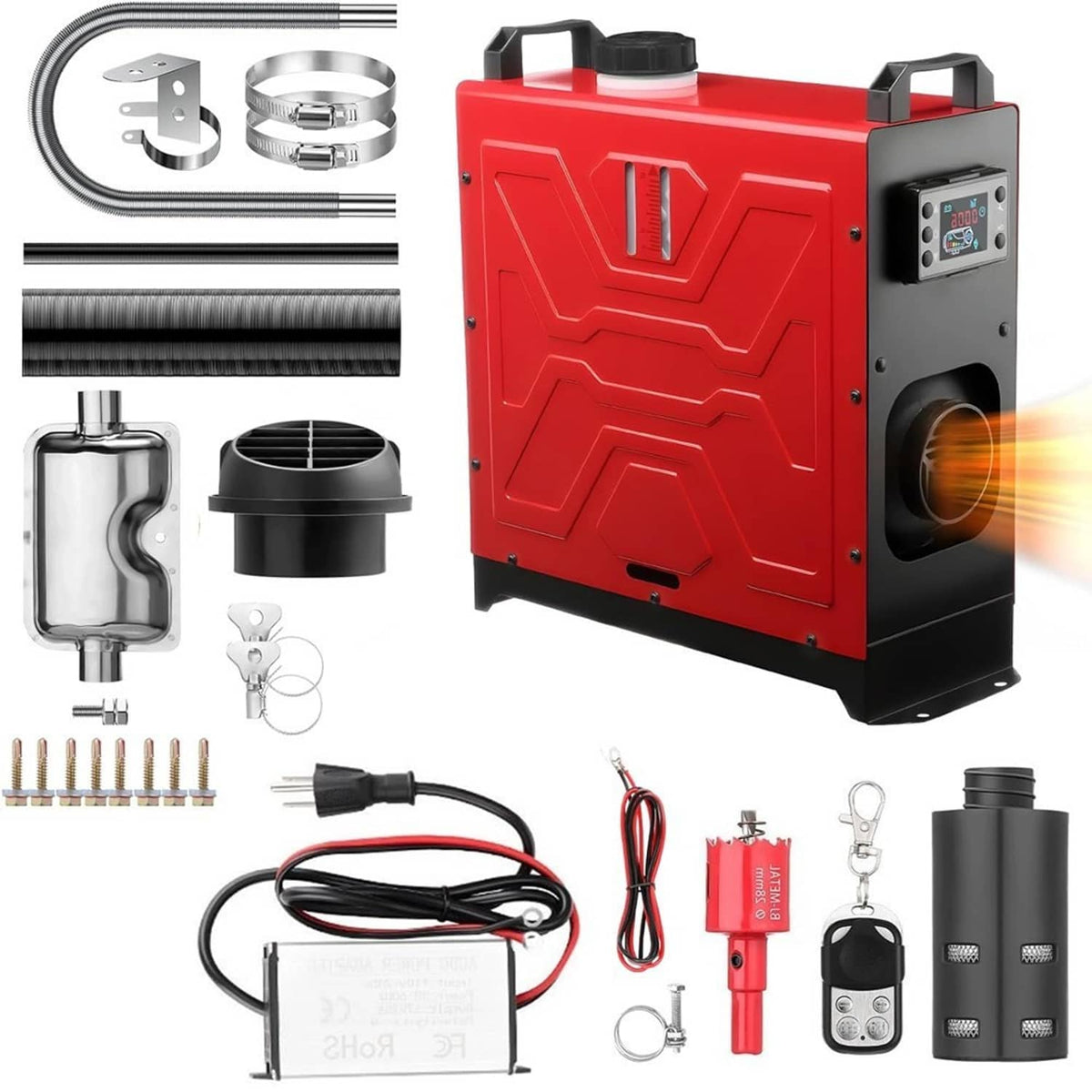Red diesel air heater kit with included parts, cables, and hoses shown