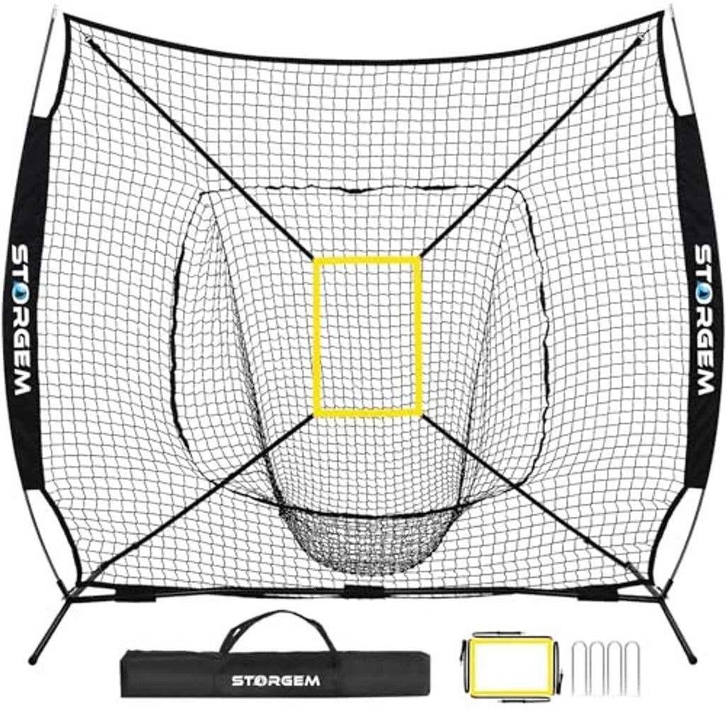 Baseball practice net with yellow square strike target; includes bag, stakes, and target frame