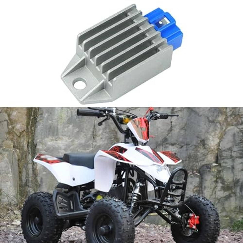 Voltage regulator rectifier with silver heat sink fins and blue electrical connector
