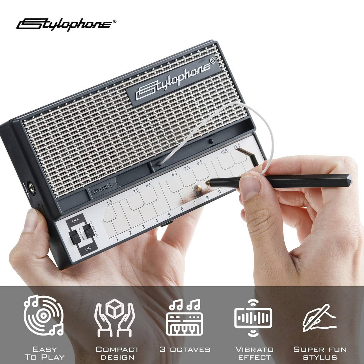 Black Stylophone pocket synthesizer keyboard panel with a hand holding a stylus