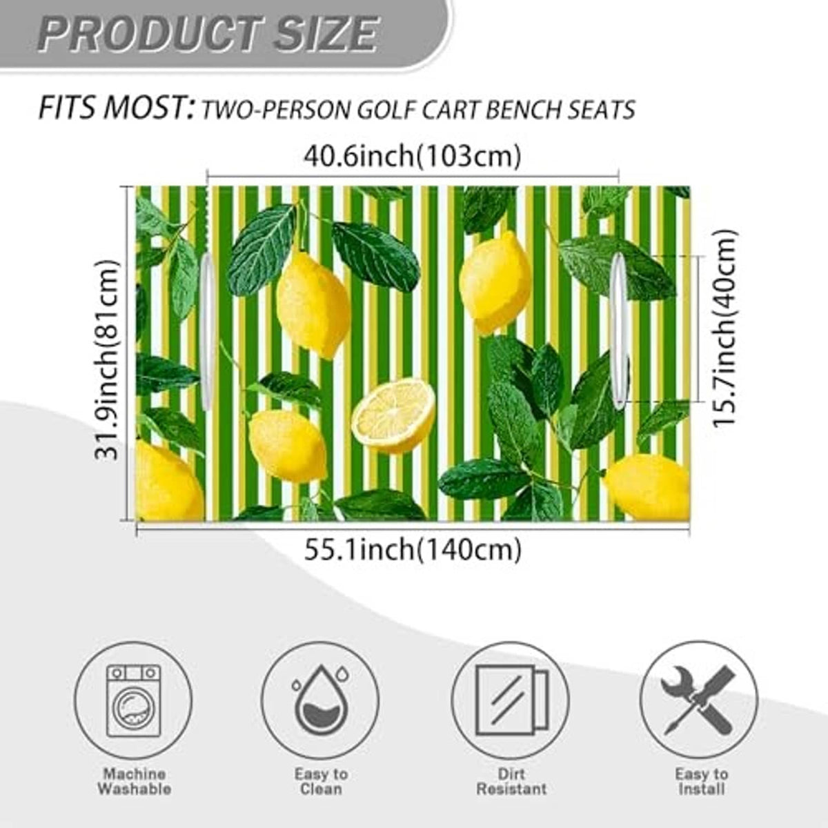 Microfiber golf cart bench seat cover size chart for two-person seats, lemon stripe print