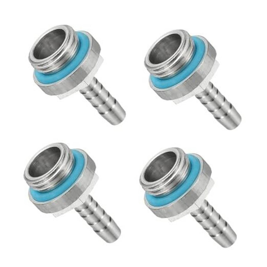 Four G1/4 male aluminum hose barb fittings with blue sealing ring and barbs