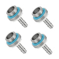 Four G1/4 male aluminum hose barb fittings with blue sealing ring and barbs