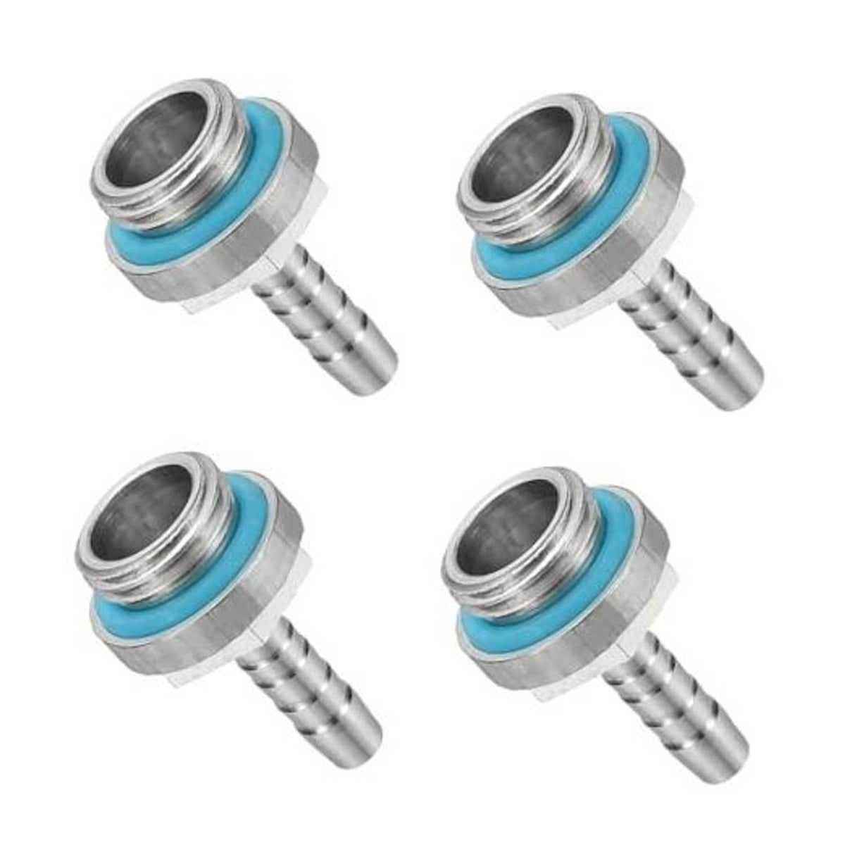 Four G1/4 male aluminum hose barb fittings with blue sealing ring and barbs