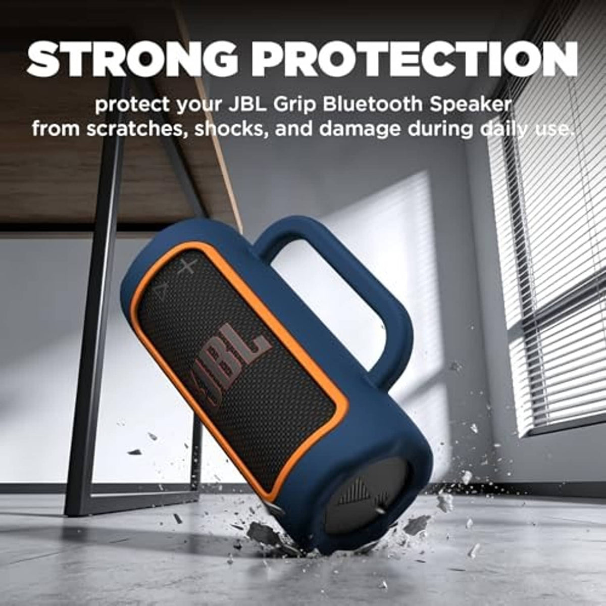Blue silicone speaker cover with orange border, protective bumper and side speaker ports