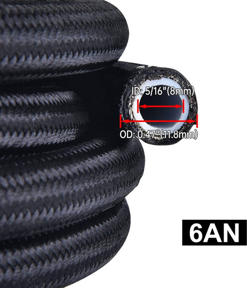 Black braided fuel hose end showing inner bore and outer diameter