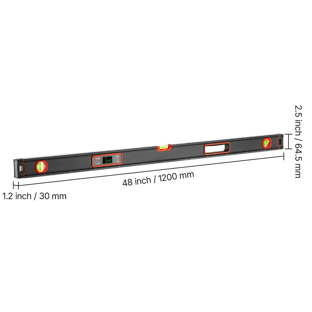 48-inch digital level tool side view with width and end thickness details