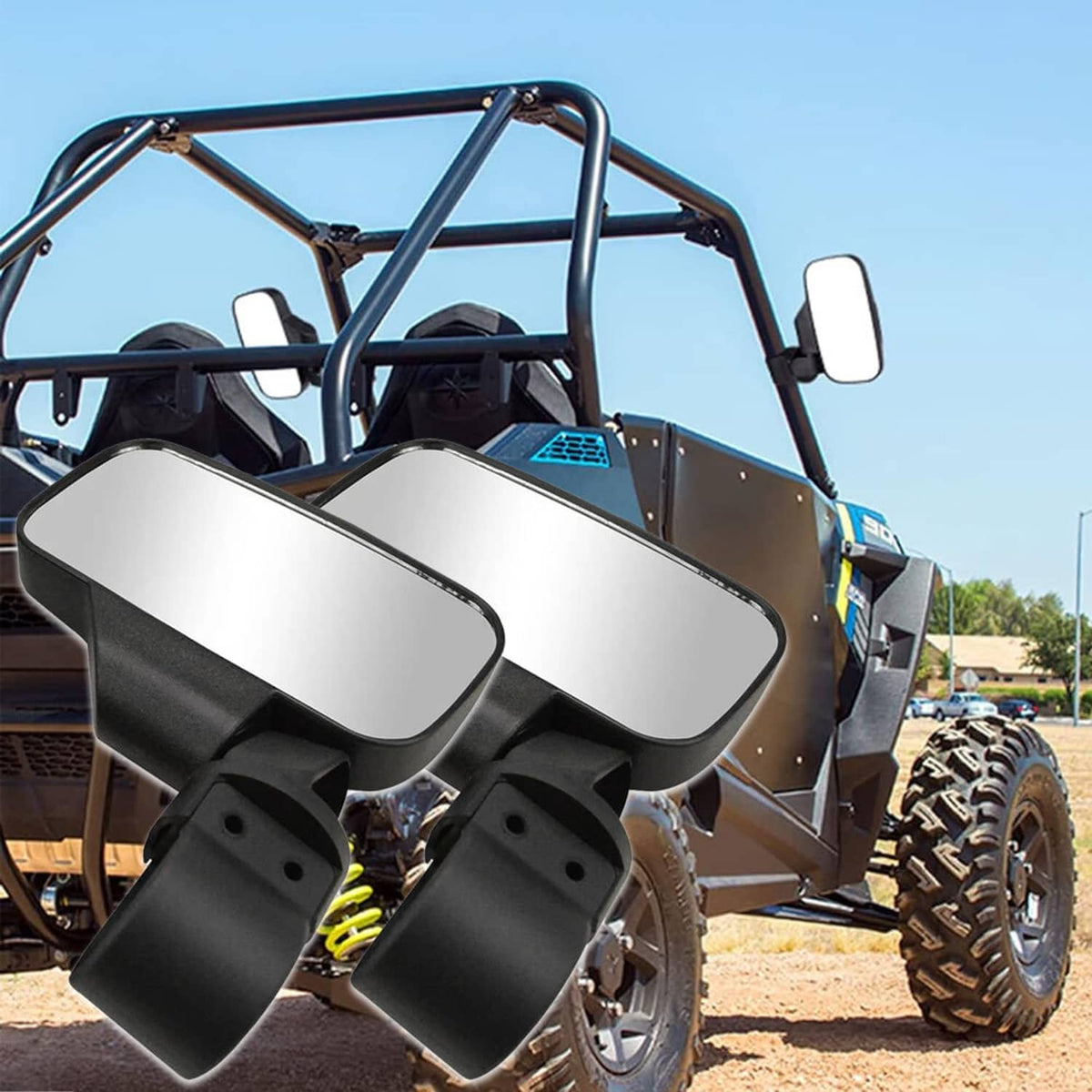 Black side rearview mirrors on a UTV door and roll-cage frame