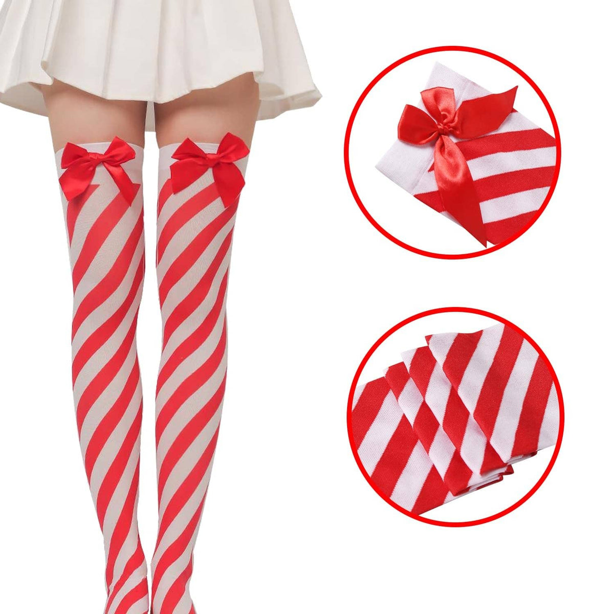 Red-and-white candy-cane striped stockings with bow-topped cuffs, stretchy plush
