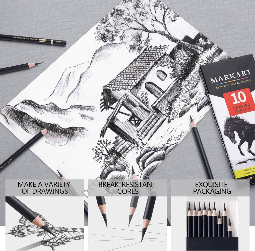 Charcoal drawing pencil set with illustrated sketch sheet and boxed 10-pc pencils