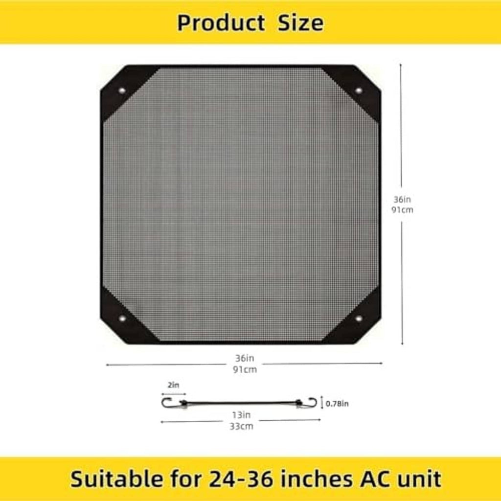 AC cover size diagram for 36 x 36 in square mesh panel with corner grommets