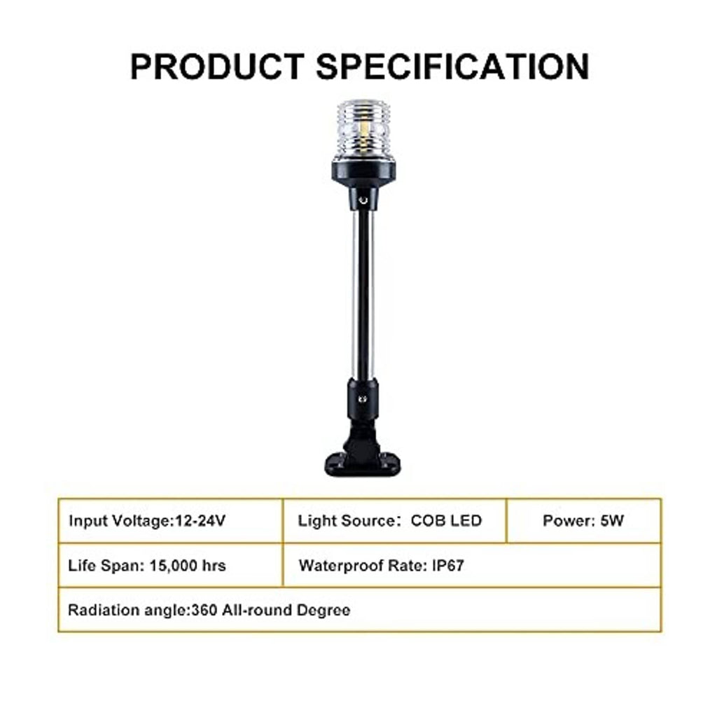LED boat stern light upright with clear top lens, chrome pole, and black base